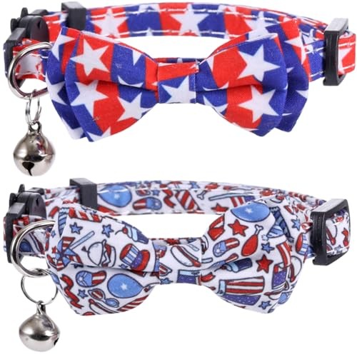 Patriotic American Flag Cat Collar with Bell Bow Tie Star Adjustable 4th of July 2-Pack