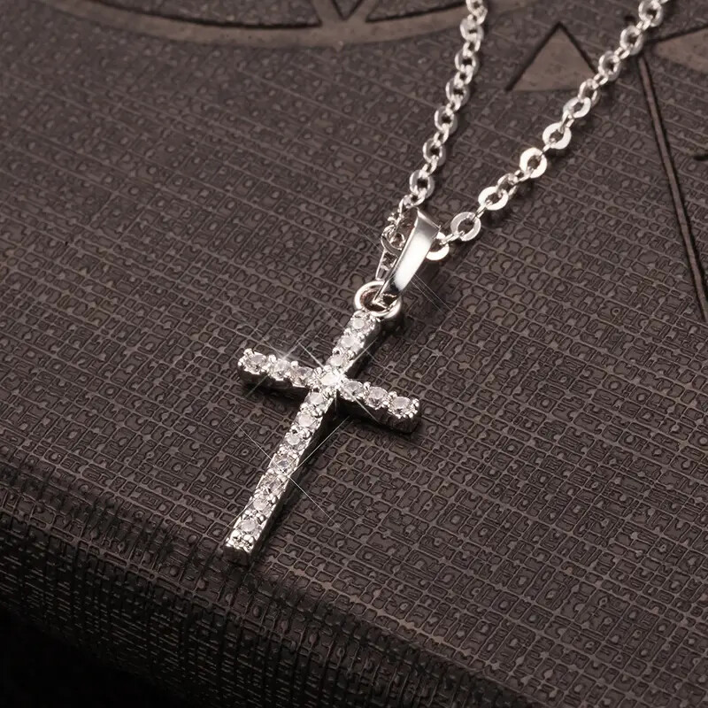 Korean Cross Pendant Necklace with Zircon Inlay for Women-image