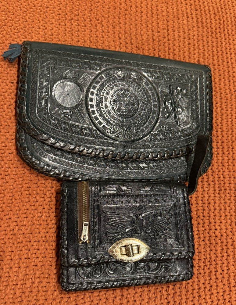 Vintage hand tooled leather clutch handbag Wallet Southwestern Boho 60s 70s