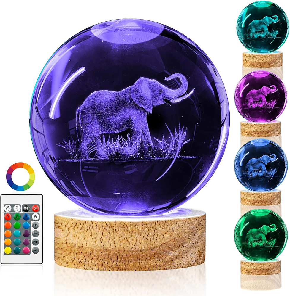 3D Elephant Crystal Ball Night Light Elephant Gifts for Women Upgraded 3.15