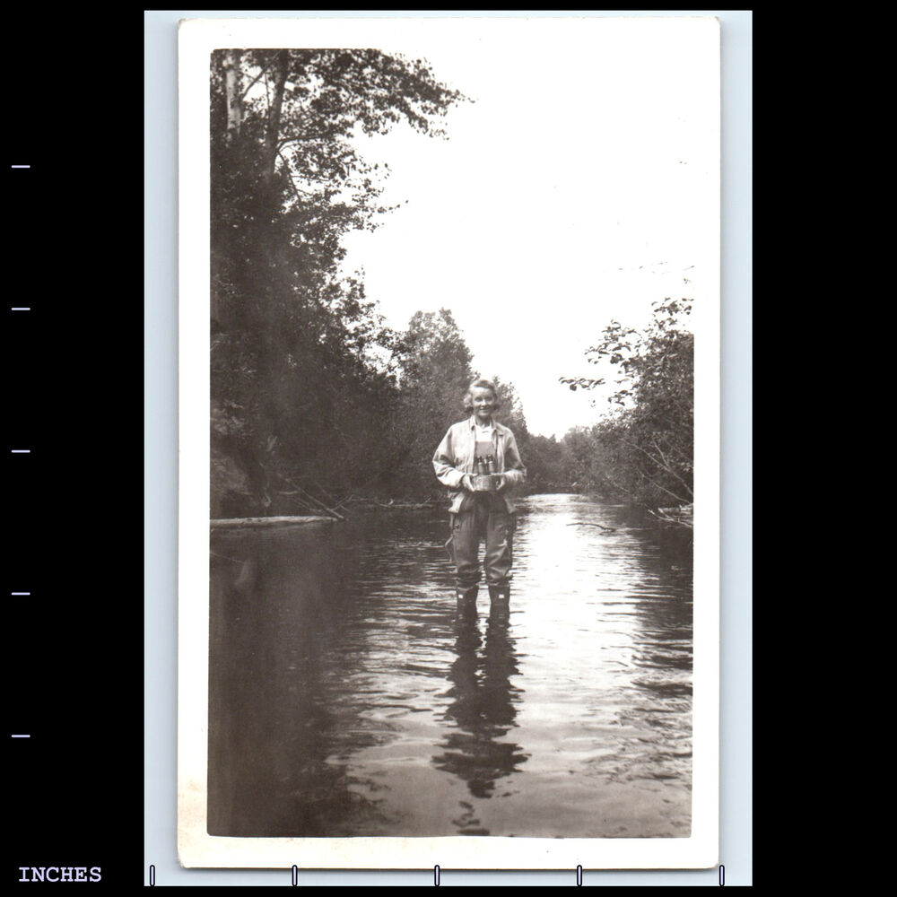 Vintage Photo WOMAN STANDING IN RIVER WITH BINOCULARS BIRD WATCHING