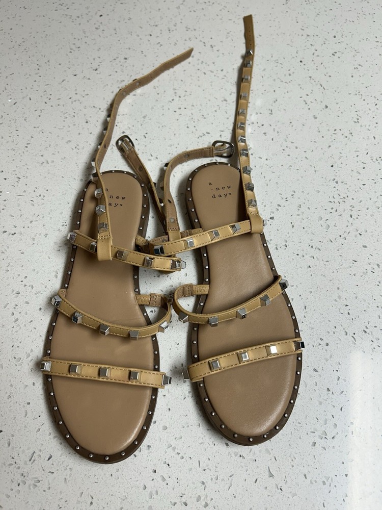 New Day Women's Astrid Studded Strappy Sandals in Tan - Size 7