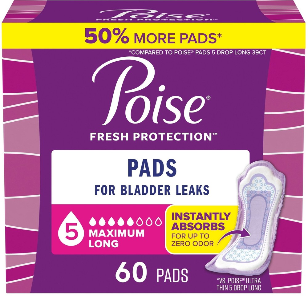 Poise Incontinence Pads for Women Long Length 5 Drop Absorbency 60 Count