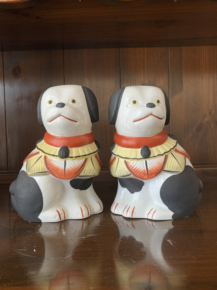 VTG RARE  DEPT 56 White/Black Staffordshire Style Dogs Made in Japan Set of 2