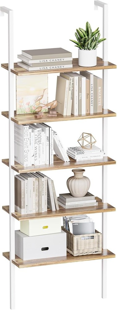 Furmax 5-Tier Bookshelf, Wall Mount Ladder Shelf with Wood Board and Industrial