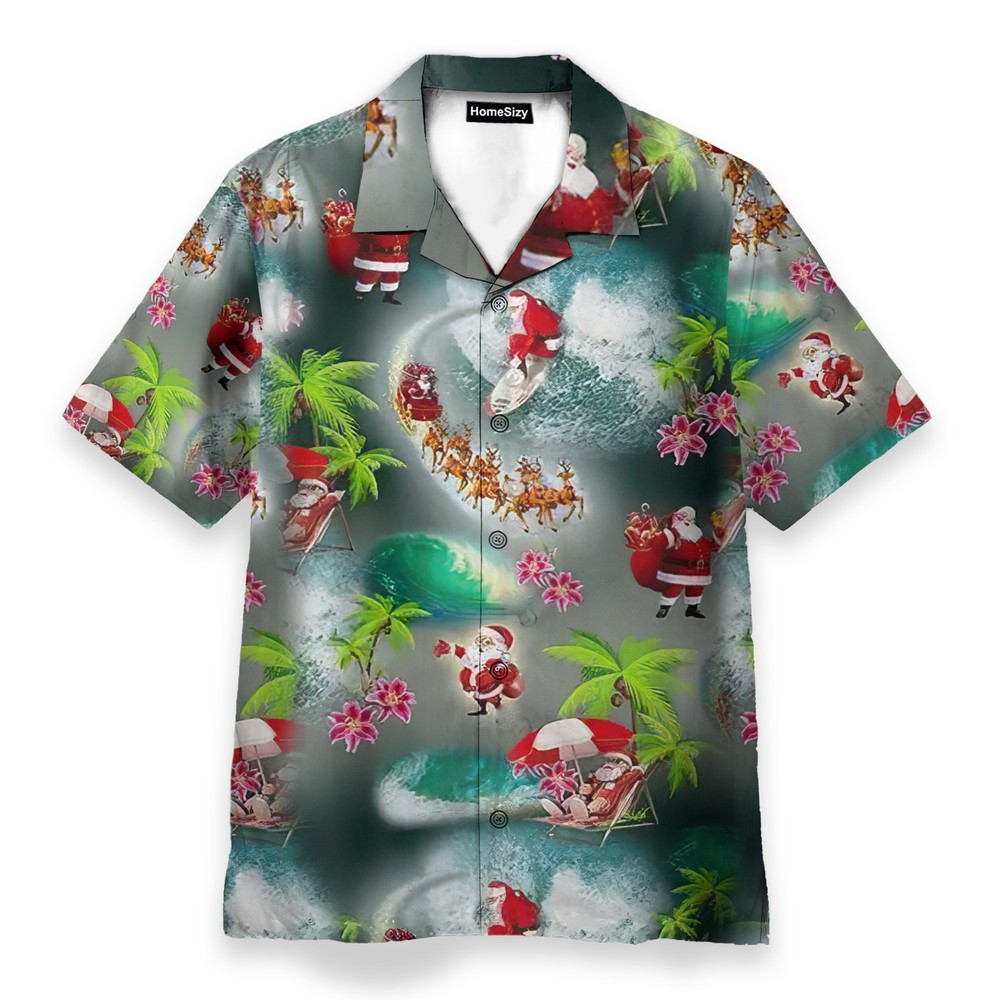 Santa Beach Christmas Humorous Buttons Up Hawaiian Shirt for the Holidays