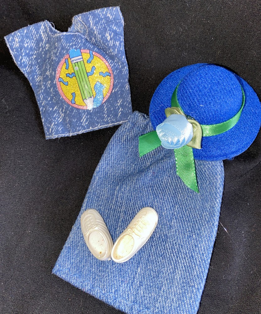 Barbie Denim skirt top Fedora tennis shoes