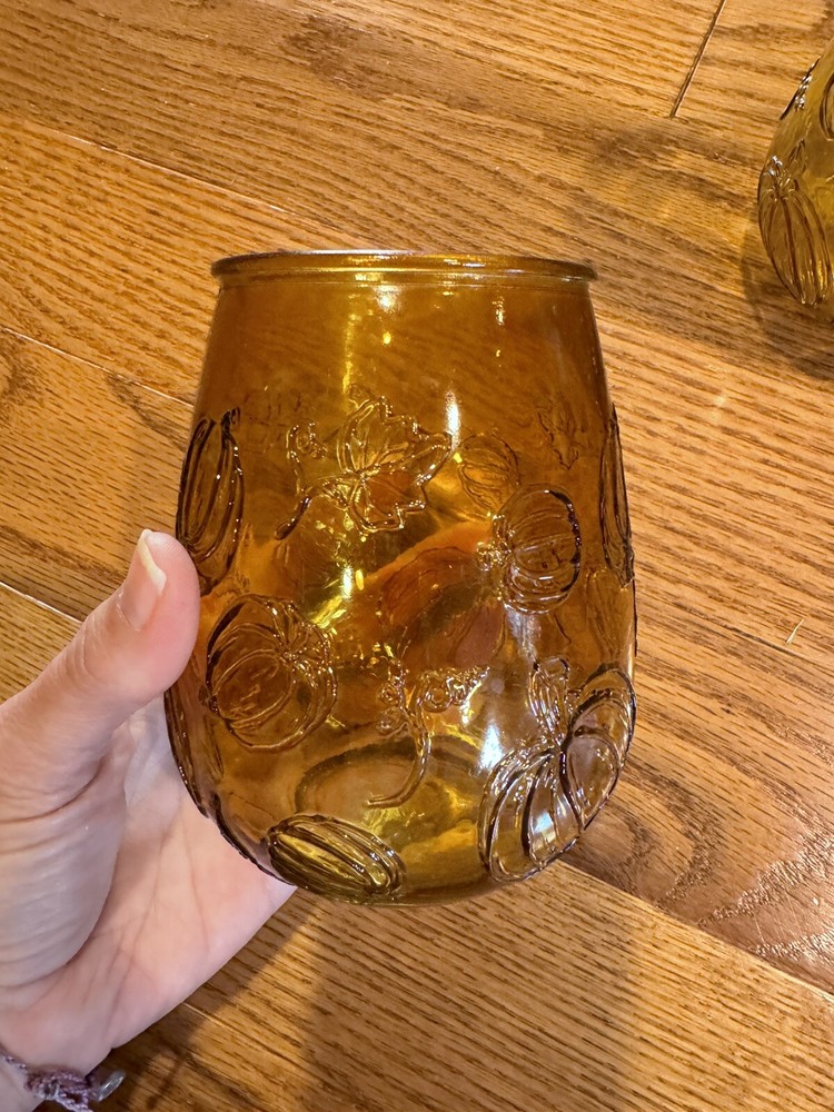 Pumpkin Stemless Wine Glass Candle Votives for Fall Decor in Burnt Orange