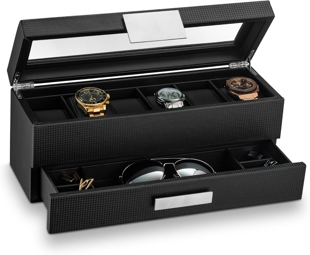 Luxury 6-Slot Watch Box with Valet Drawer for Men - Stylish Display Organizer