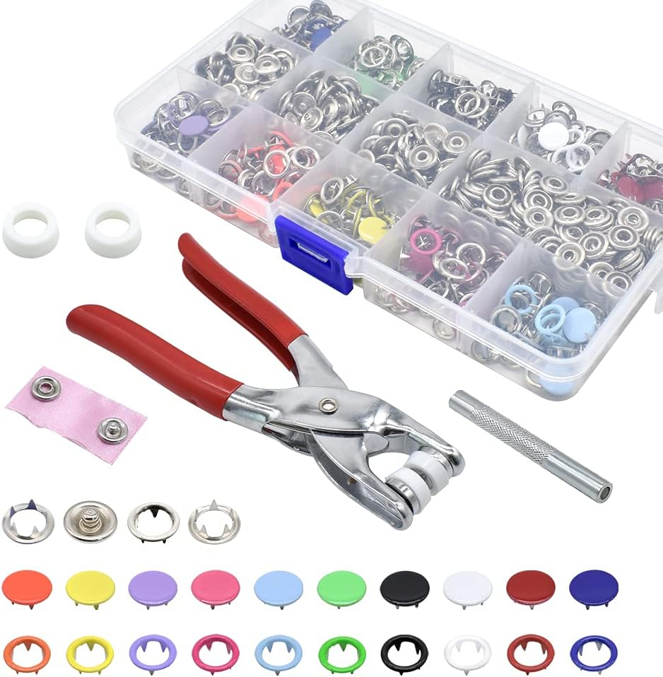 200 Sets Snaps Fasteners Kit 9.5Mm 10 Colors Metal Prong Ring Button Hollow and