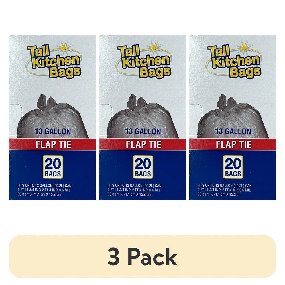 (3 pack) Top Job Basic Kitchen Trash Bags, 13 Gallon, 20 Bags (Flap Tie)
