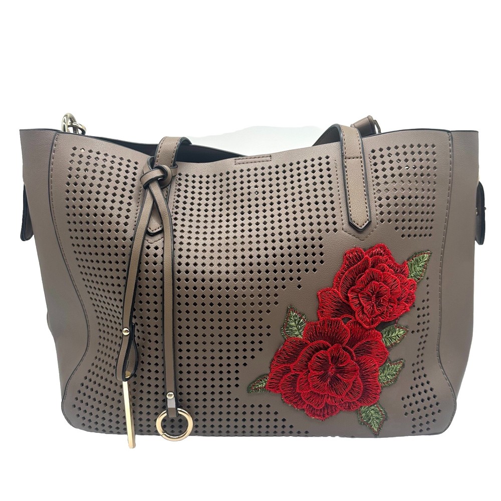 Perforated Satchel Tote Brown Grey Red Flower Applique