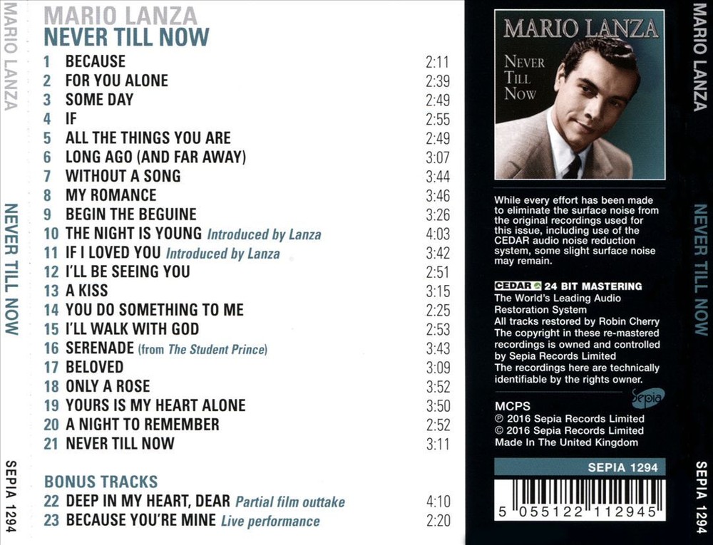 MARIO LANZA NEVER TILL NOW NEW CD