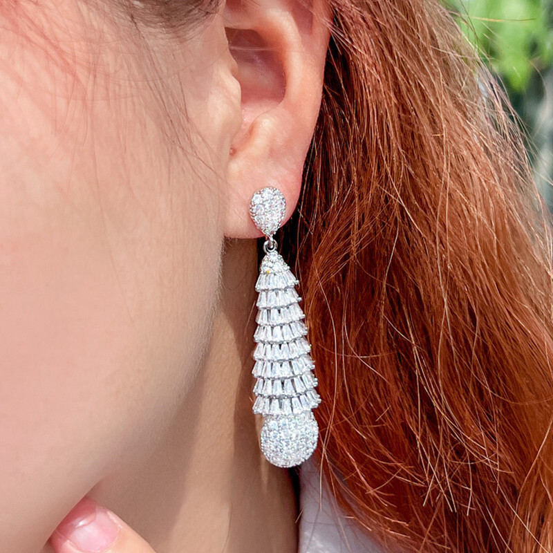 Dazzling Silver Plated CZ Zirconia Long Dangling Drop Earrings for Women Wedding