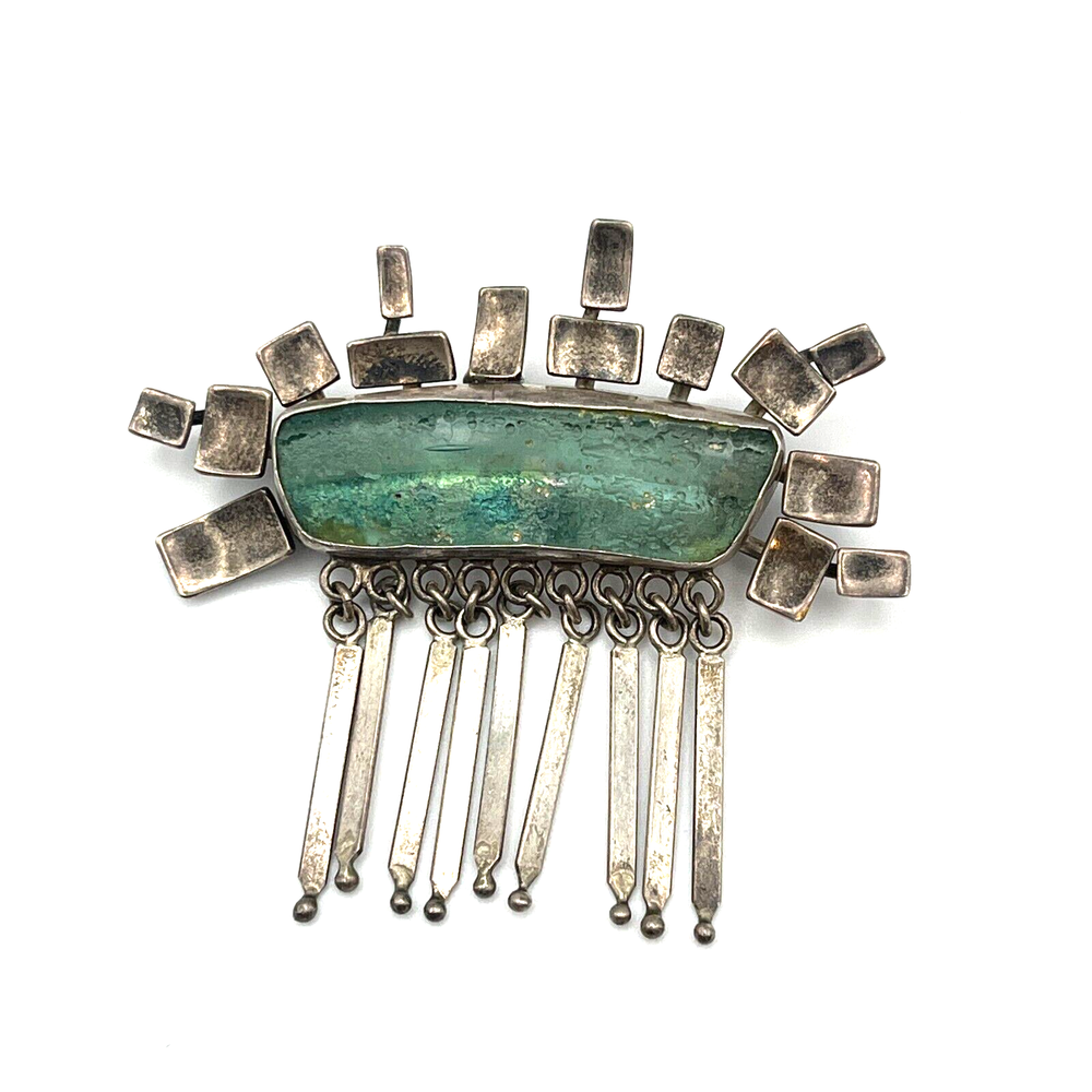 Vintage Roman Glass & Sterling Silver 925 Brooch Pendant 19g