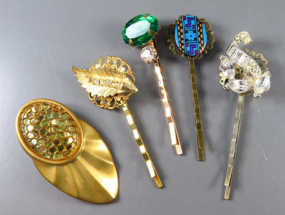 Lot of 5 Vintage Upcycled Rhinestone Bobby Pins in Gold Green Blue