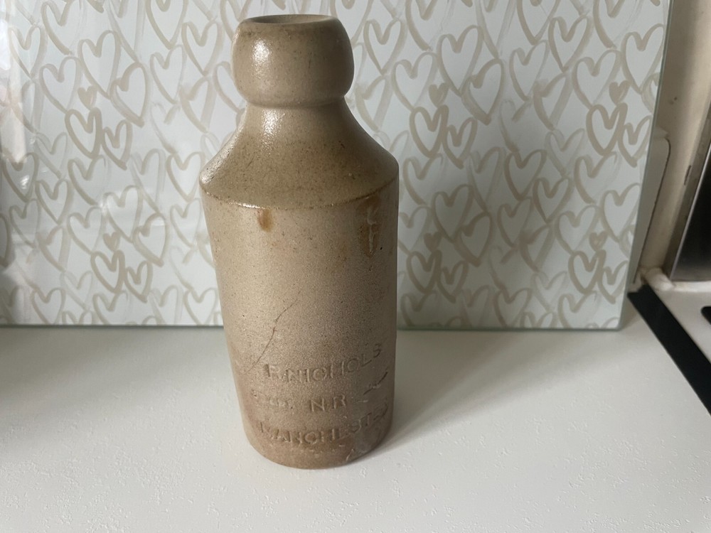 R Nichols Manchester Early Stoneware Ginger Beer Bottle Antique Collectible