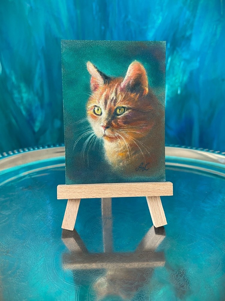 Ginger Cat Cat Drawing by Artist, Original Pastel. Aceo Format