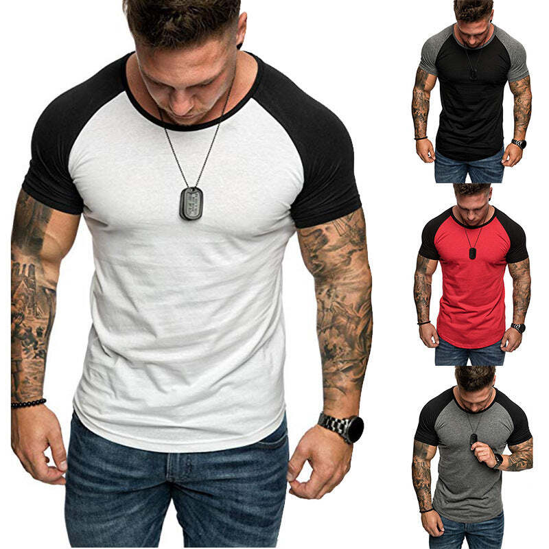 Contrasting color short-sleeved T-shirt round neck loose t-shirt male Korean sty