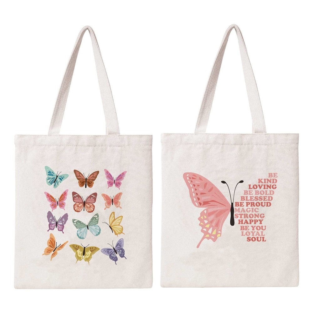 Aesthetic Butterfly Cotton Canvas Tote Bag for Women Gift Cute Casual