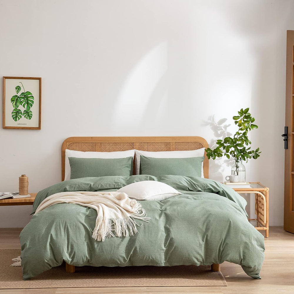 Green Duvet Cover Queen, 100% Washed Cotton Linen like Textured 3 Pieces Bedding