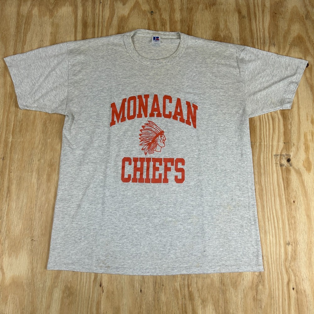 VTG Russell Athletic Native American Indian Monacan Chiefs T-Shirt Men's XL Gray