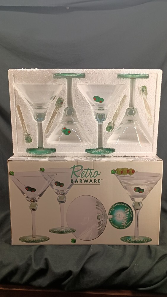 Retro 8-Piece Martini Glass and Olive Pick Set NIB