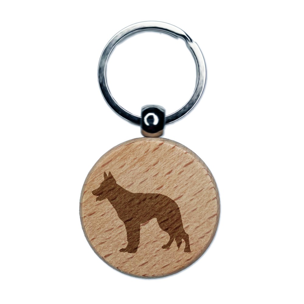 German Shepherd Dog Solid Engraved Wood Round Keychain Tag Charm