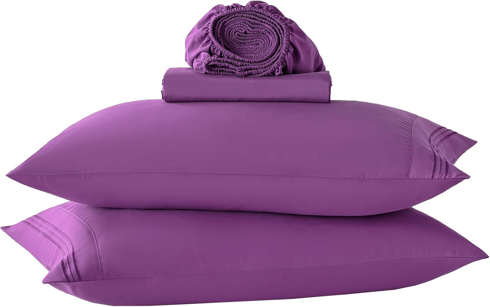 Purple Soft Cooling Microfiber Bed Sheet Set - Deep Pocket 4 Piece Double Bed