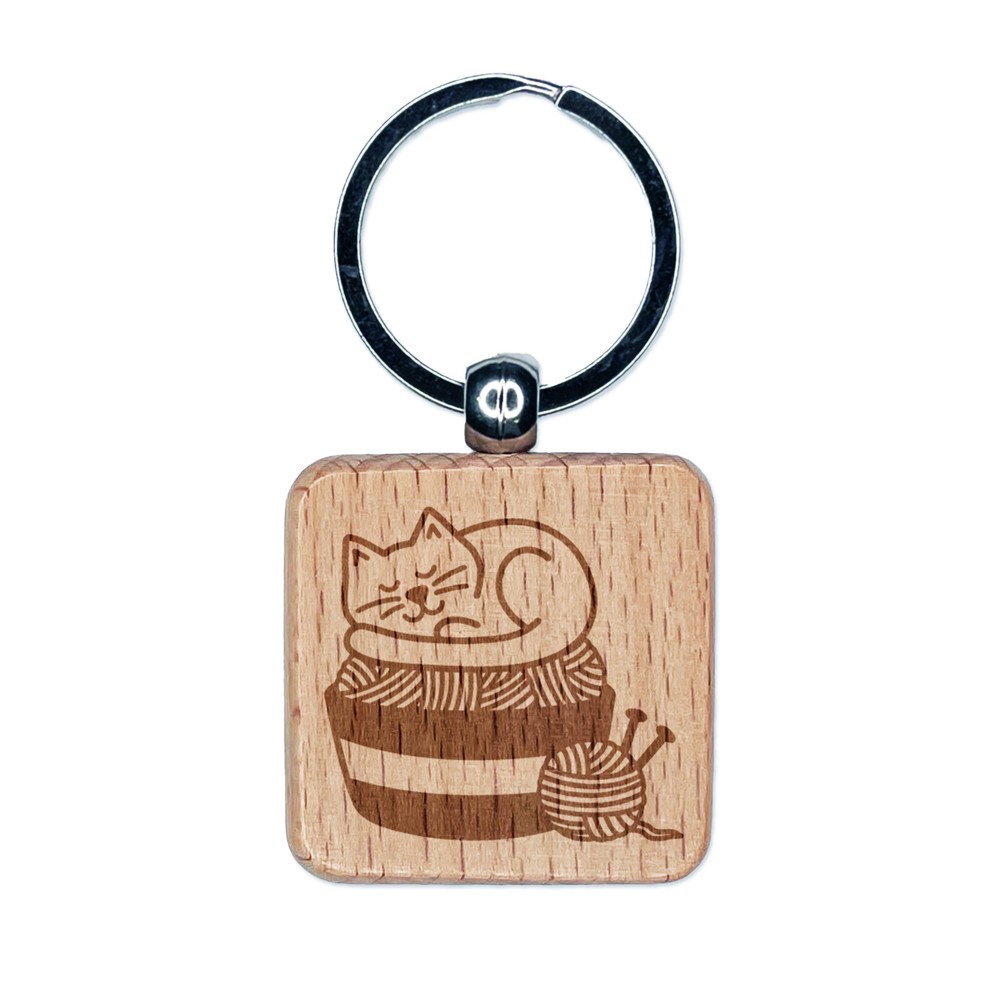 Cat Sleeping on Basket of Yarn Knitting Engraved Wood Square Keychain Tag Charm