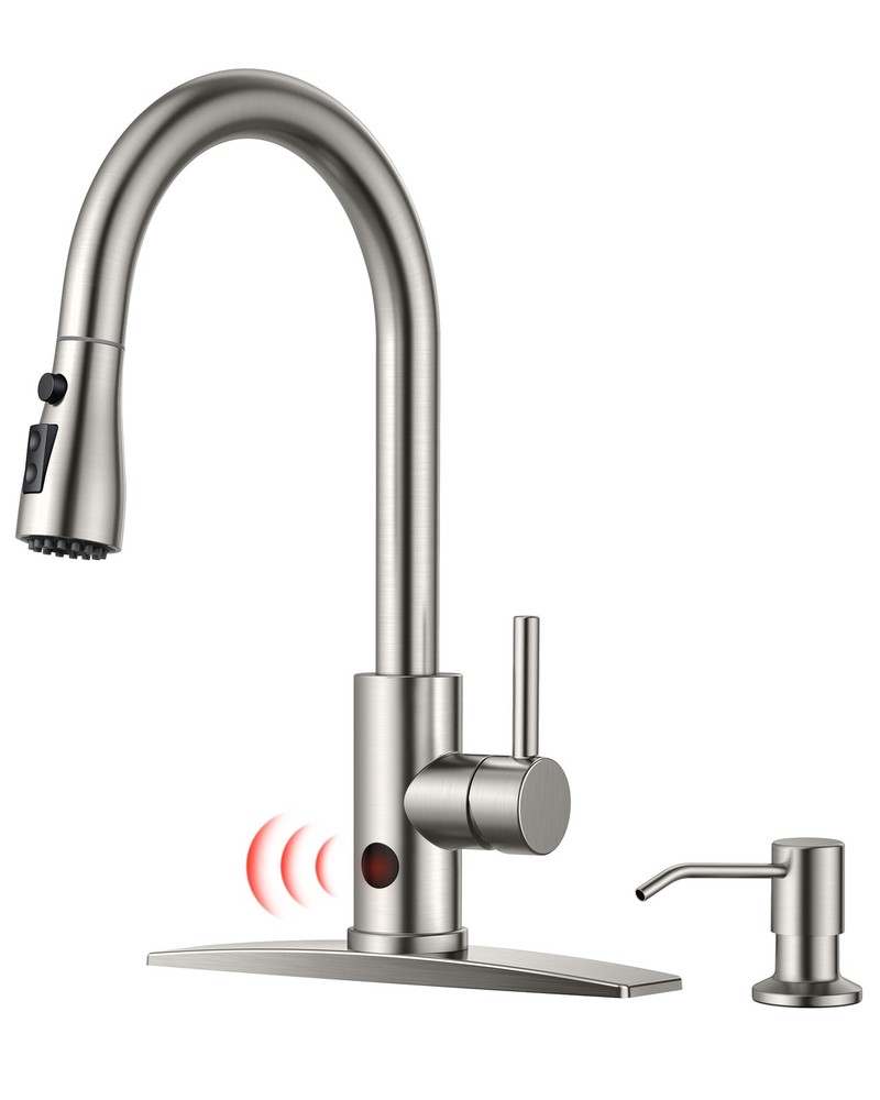 Touchless Kitchen Faucet with Soap Dispenser in Brushed Nickel Hands-Free Smart Sensor Design