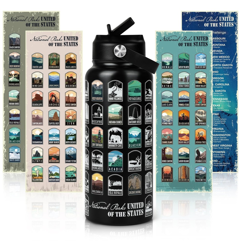 National Parks Water Bottle with Stickers | 32oz Leakproof Insulated Stainles...