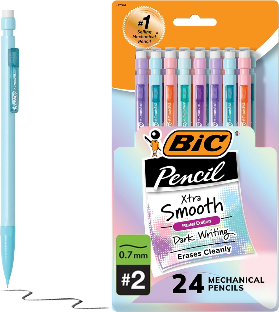 Xtra-Smooth Pastel Mechanical Pencils with Erasers Medium Point 0.7mm 24-Count Set for Precision Writing and Drawing in Soft Colors