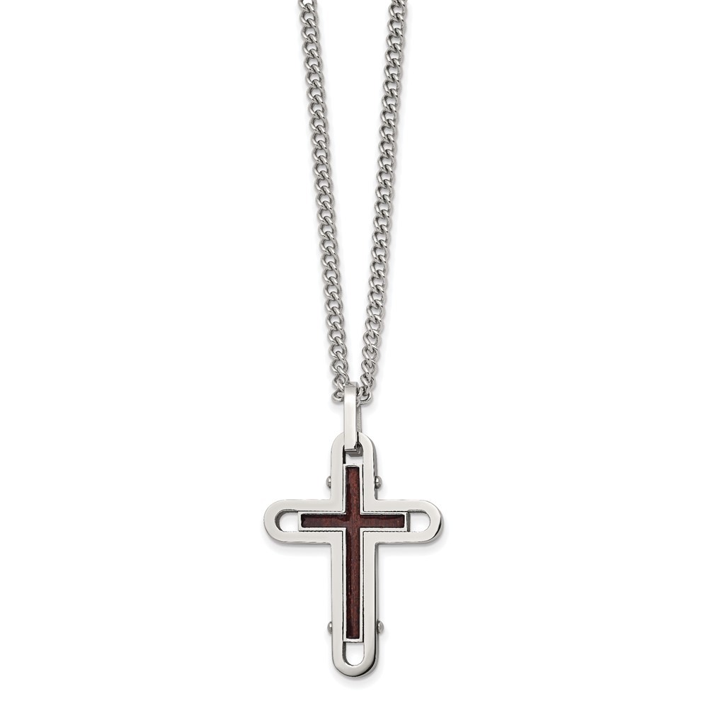 Stainless Steel Polished Wood Cross Necklace with Enamel Overlay 24 Inch 17.79g
