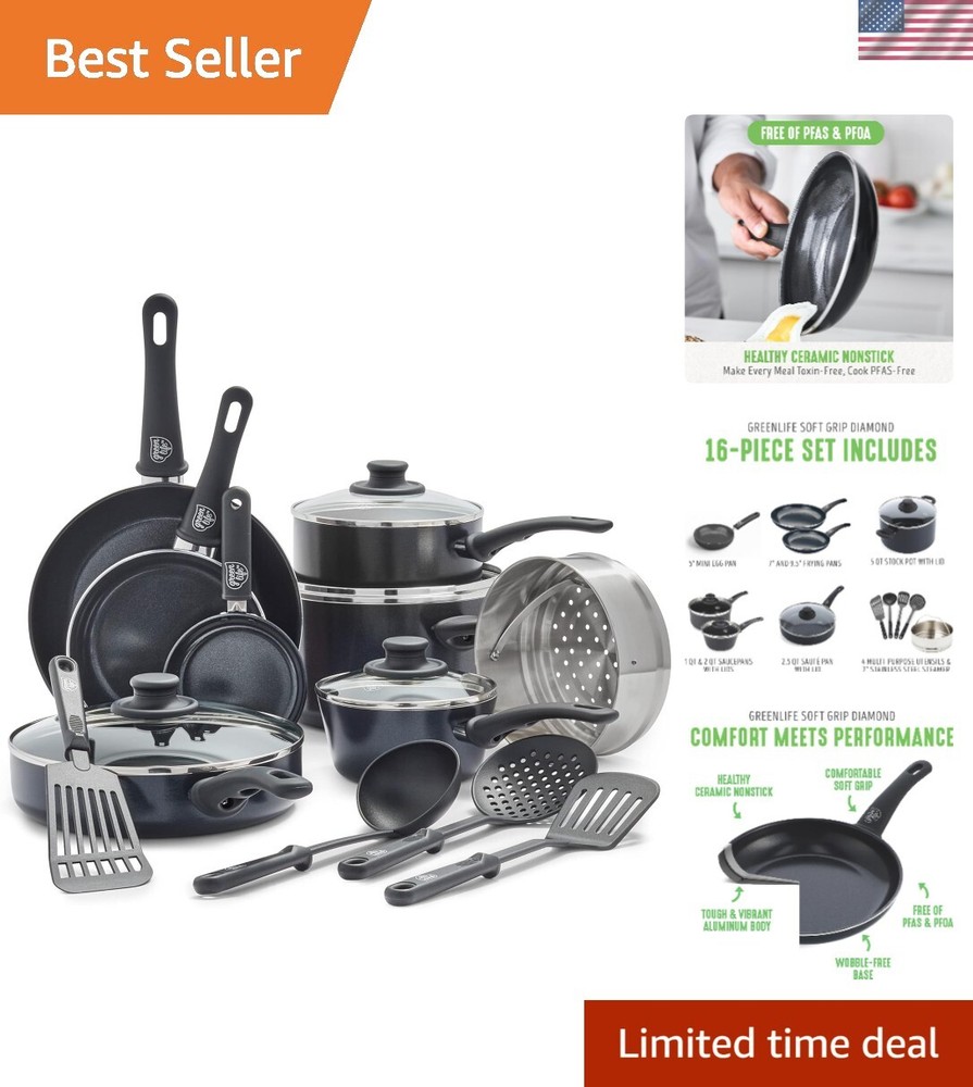16-Piece Non-Toxic Ceramic Nonstick Cookware Set with Soft Grip