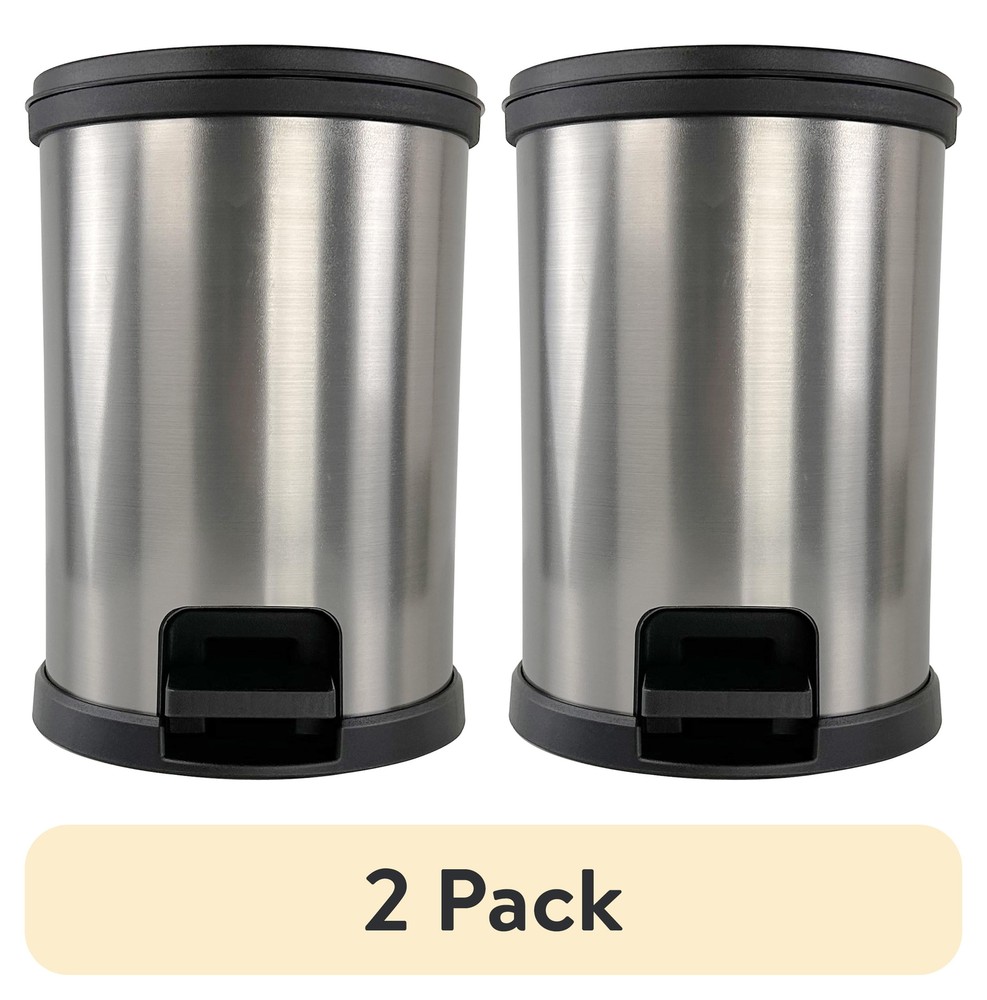 (2 pack) Mainstays 1.5 Gallon Trash Can,  Round Step Bathroom Trash Can, Silver