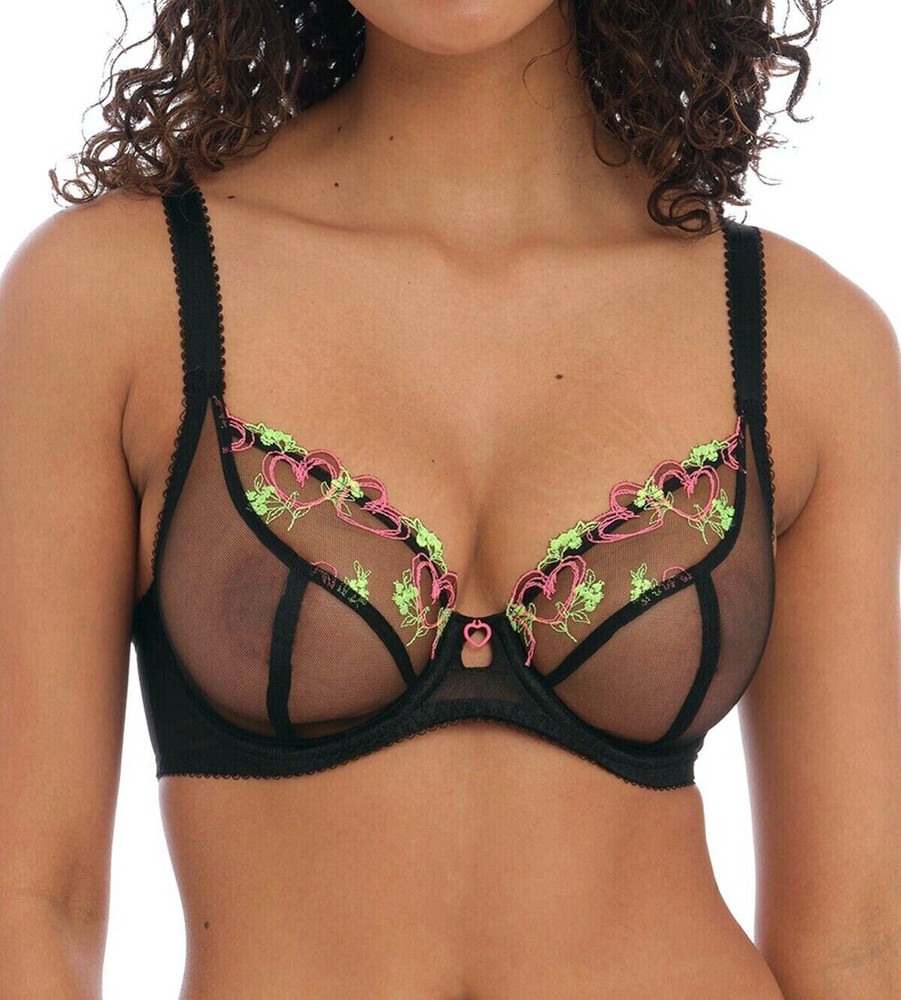 Freya Loveland Bra Sheer Mesh Size 30F Underwired Plunge Black Floral 401002