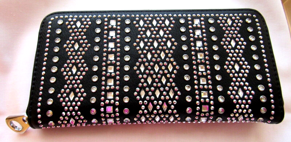 Bling Studded Black Credit Card Wallet with Zip Closure 8x4 Inches  -image