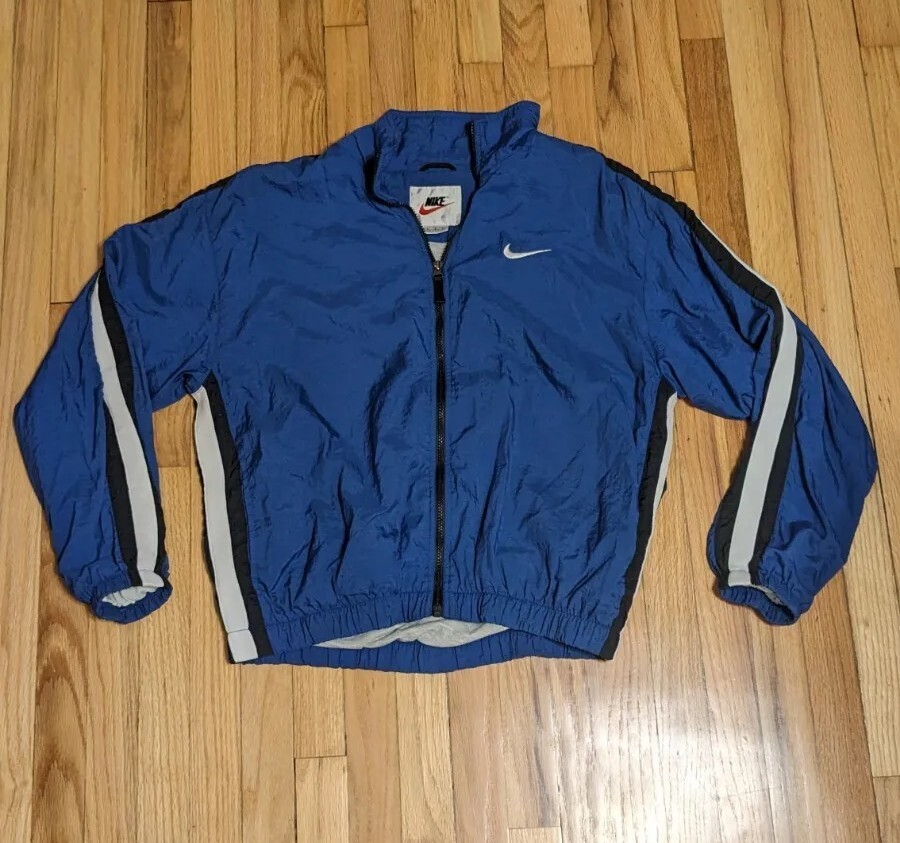 VTG Nike Big Swoosh Full Zip Up Windbreaker Jacket Size Large 90s Blue