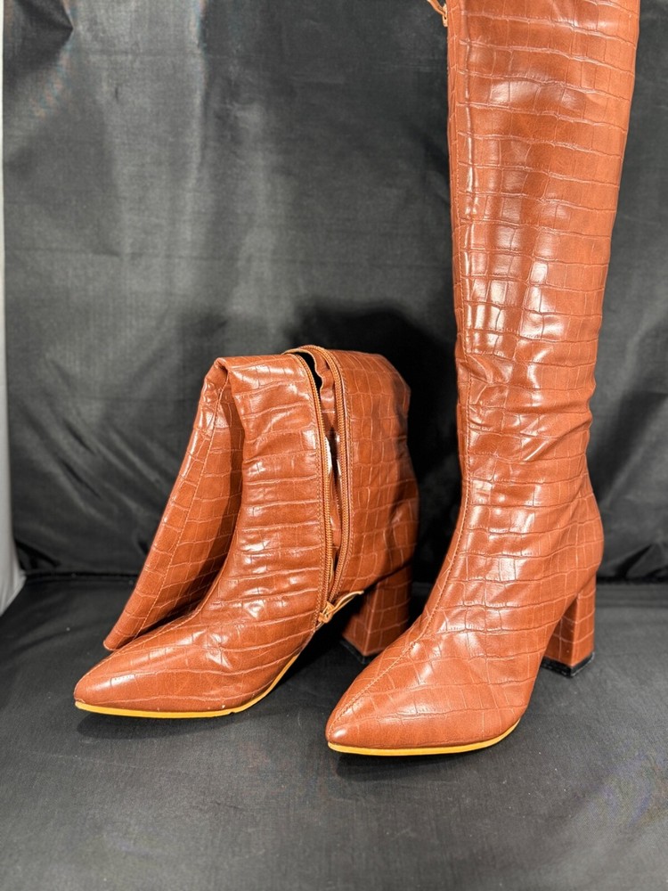 LifeStride Stratford Knee-High Croc-Embossed Walnut Boots for Women Size 7M