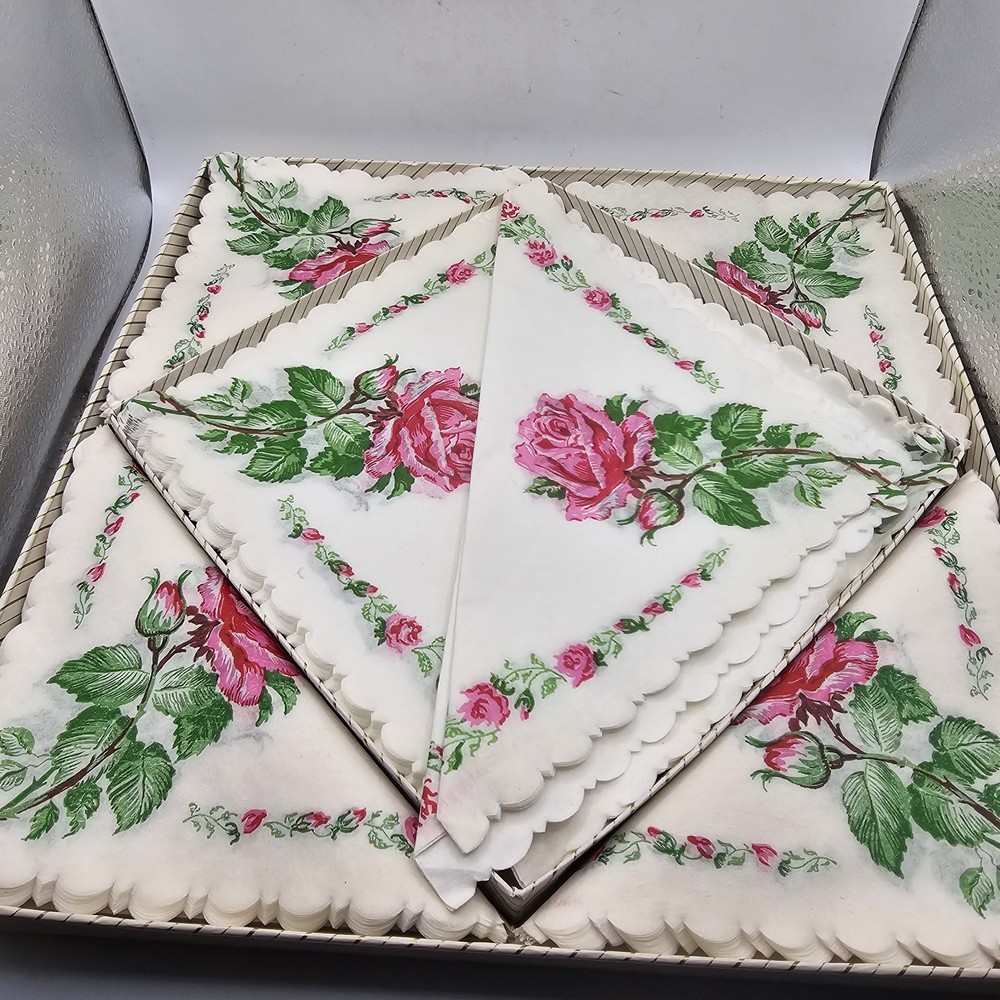 Freund Mayer Boxed Set 48 Paper Napkins NOS Ornate Rose Flowers Vtg 1950s