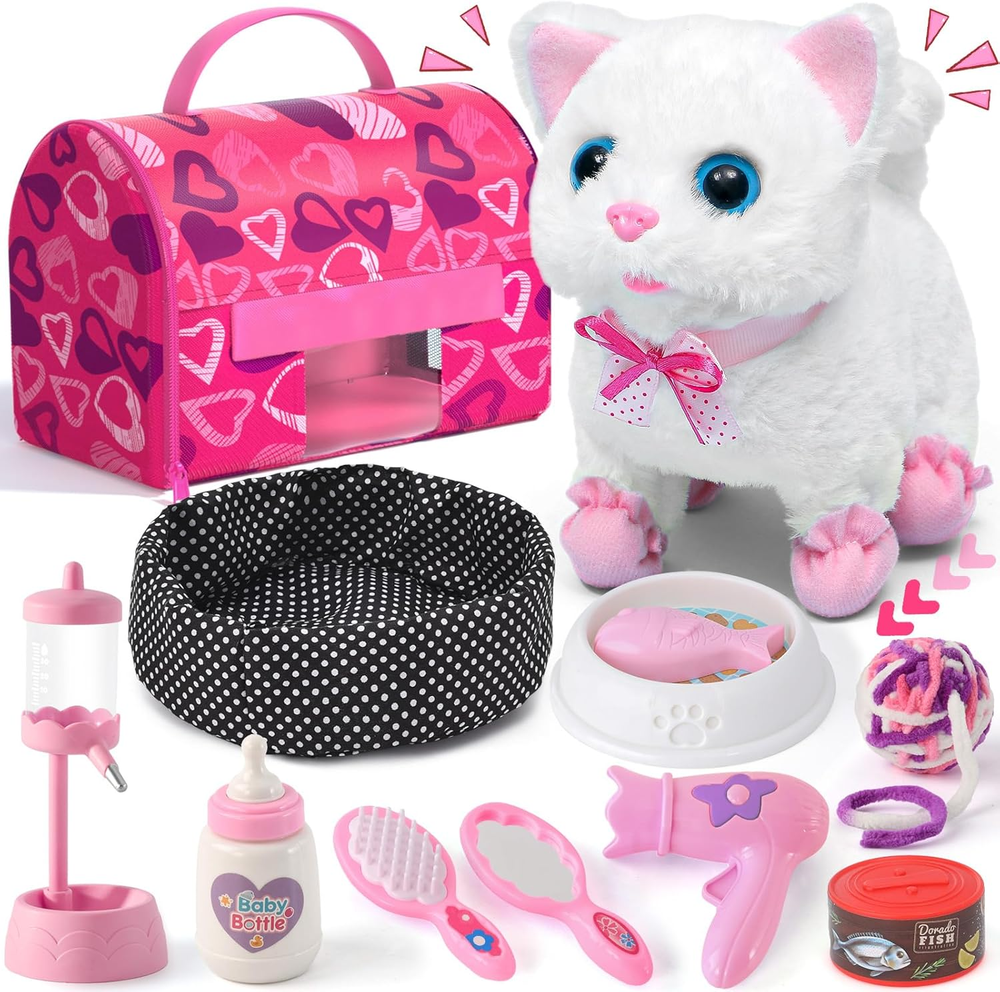 Cat Toys for Kids Girls Gift, Electronic Interactive Plush Toy Cat Can Walk and