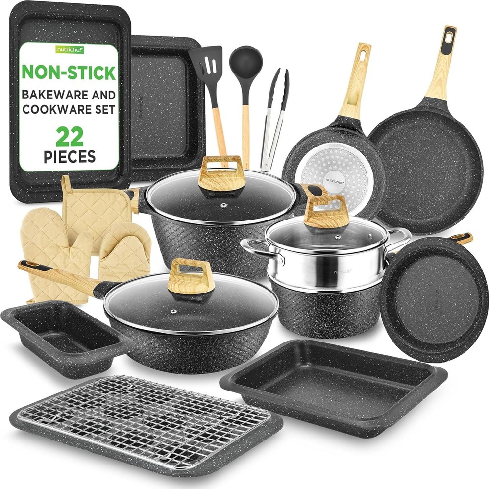 NutriChef 22-Piece Black Marble Non-Stick Cookware and Bakeware Set Professional