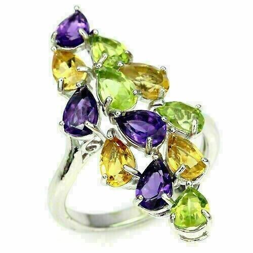 Sterling Silver Ring with Genuine Amethyst, Peridot, and Citrine Stones, US Size 9
