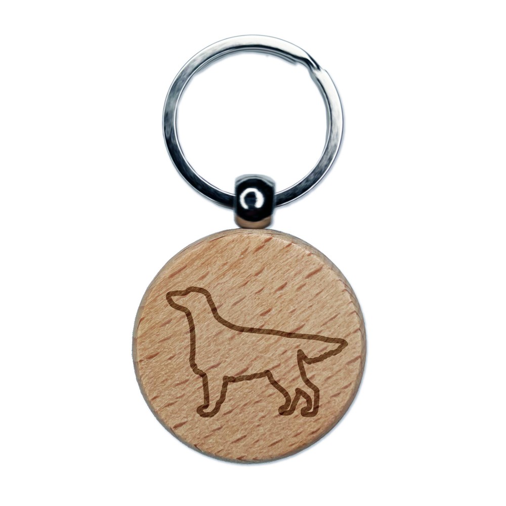 Flat-Coated Retriever Dog Outline Engraved Wood Round Keychain Tag Charm