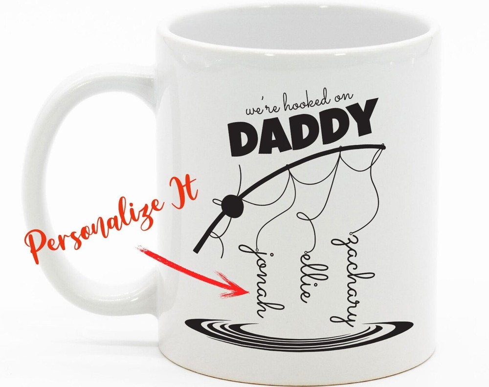 Hooked On Daddy Fishing Rod Kids Names Personalized Father Gift Coffee Mug