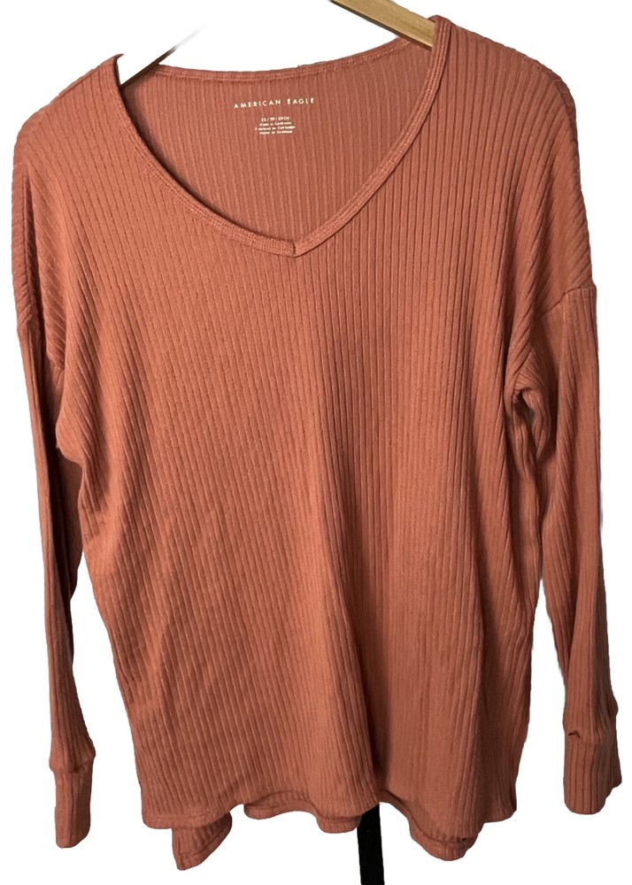 American Eagle Outfitters Top Long Sleeve V Neck Longer Back Slits Women Size XS