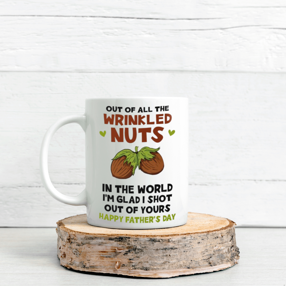 Funny 11oz White Mug with Wrinkled Nuts Father's Day Design