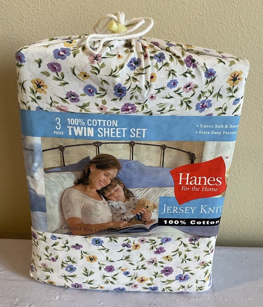 Hanes Jersey Knit 100% Cotton Twin Sheet Set Floral Fitted Flat Pillowcase NEW