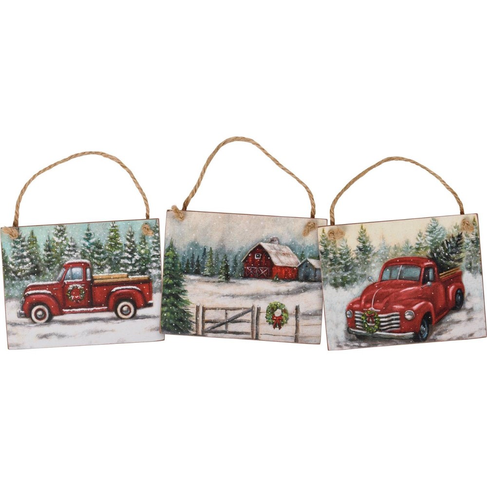 Ornament Set, 3 Farm Life Christmas Red Truck and Barn Ornaments, 4.5 inch Wood